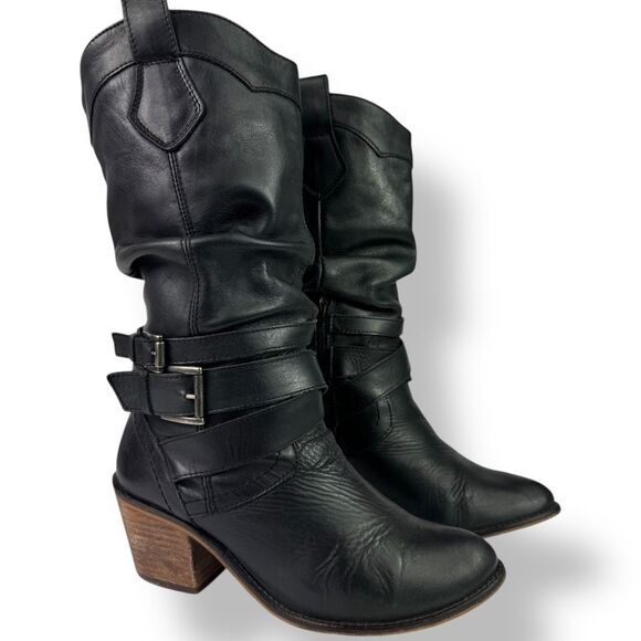 Aldo Vintage Western Go Go Boots High Heeled Black Leather Moto Biker 7.5 - 8 - Picture 1 of 11